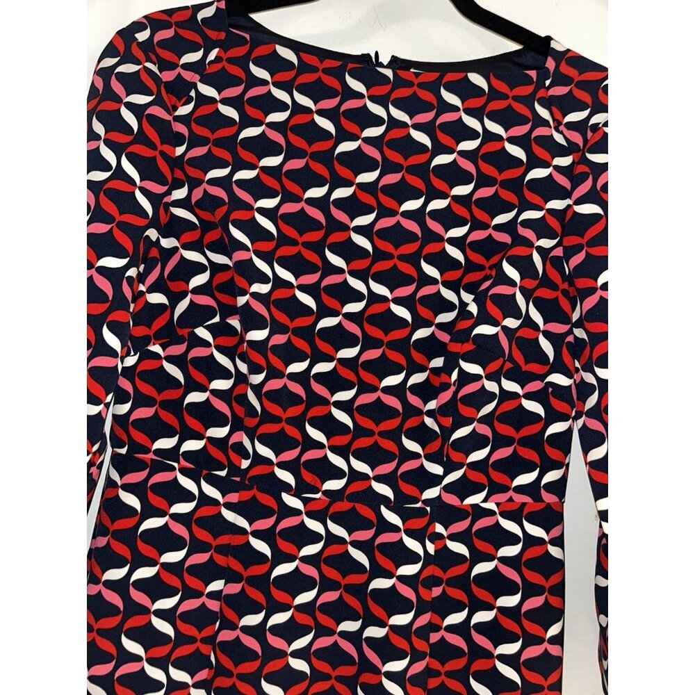 Boden Violette Navy Red Ribbon Print Ruffled Hem Elegant Sheath Dress Size 6 - Picture 3 of 7